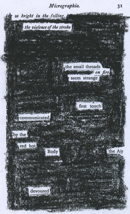 Robert Hooke's 1665 "Micrographia" redacted into a poem about the Feb. 15, 2013 Chelyabinsk meteor.  (For the redaction, I used a reprint--"Extracts from Micrographia"--which was published in 1906.) 
