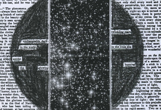 “The Literary Gazette: A Weekly Journal of Literature, Arts, and Sciences,” Volume 13 (1829) redacted into a poem.  Stars are taken from a photo of the globular star cluster Messier 107.  Photo credit: ESA/NASA.