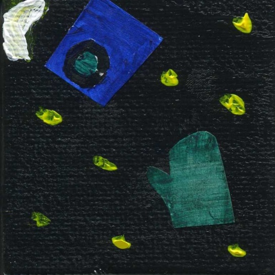 My daughter's artistic tribute to space junk.  The glove represents the spare glove Ed White lost through the open hatch during a Gemini mission; it burned up on re-entry.  The camera is Sunita Williams' camera which became untethered during a spacewalk from the ISS and floated off.  It remains in space.  (Acrylic and paper on canvas.) 