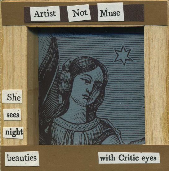 Cut text from the 1811 "The Exhibition: A Poem" pasted onto the wood frame of a canvas.  Background image from an old woodprint.